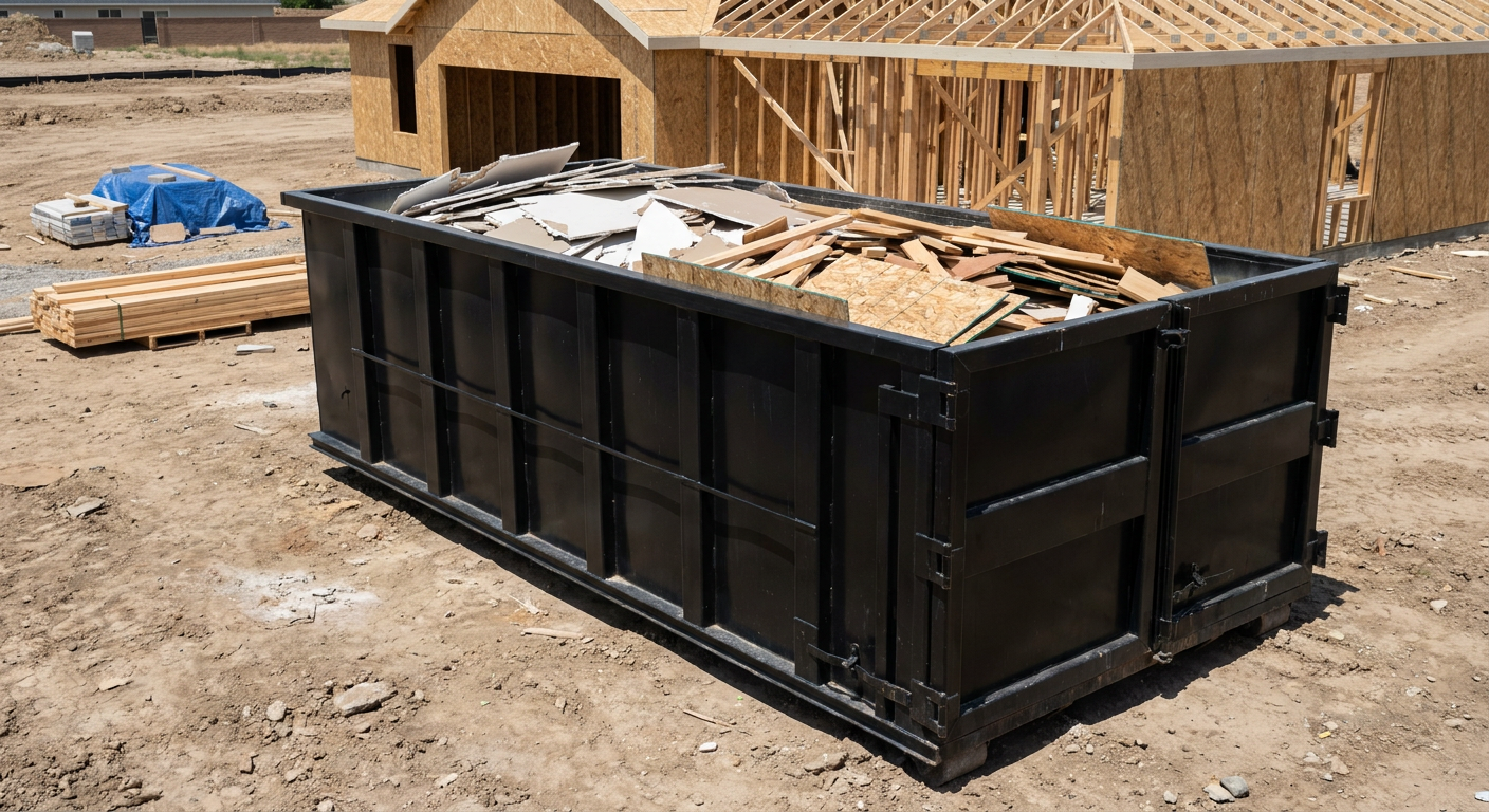 Matte-black 30-yard roll-off construction dumpster sitting directly on the compacted-dirt site of a framed single-family home build in Boston, drywall and lumber scrap loaded inside.