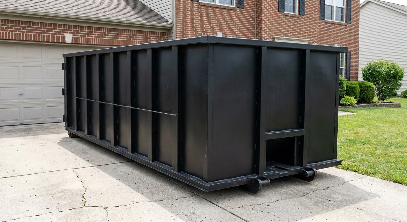 Matte-black 20-yard roll-off container on a Boston residential concrete driveway with reinforced ribbed steel sidewalls and a hinged rear walk-in door, clean bright daylight.