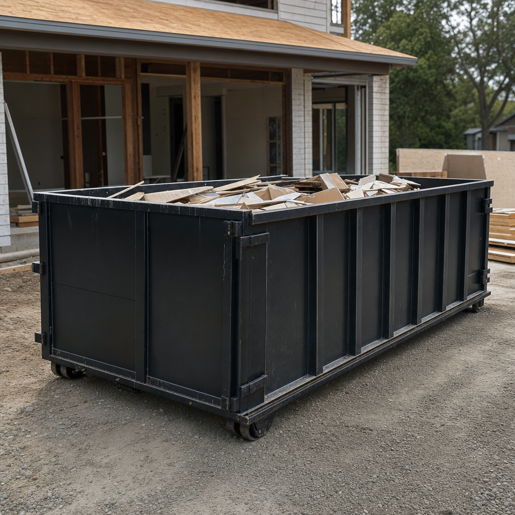 Large matte-black 30-yard construction roll-off dumpster at an active Boston jobsite, steel-gray top rails and bottom rollers visible, loaded with construction debris.