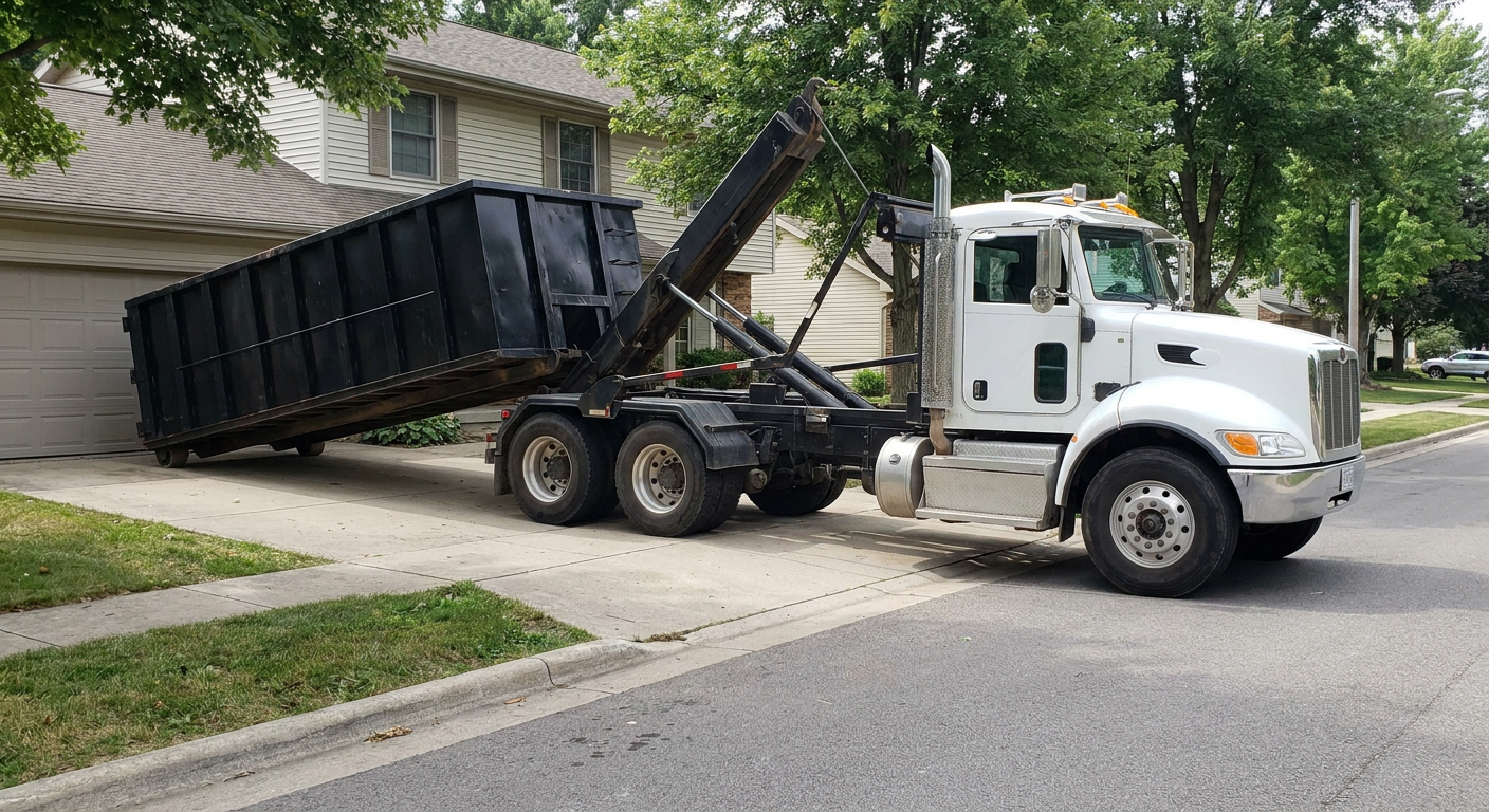 White-cab hooklift roll-off truck actively lowering a matte-black dumpster onto a Boston residential concrete driveway, the dumpster's rear wheels touching the driveway as the hoist arm tilts the bed forward, mid-morning daylight.