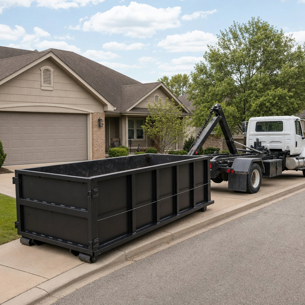 Wide documentary shot of a matte-black roll-off dumpster on a Boston residential driveway in the foreground and a contractor jobsite container in the soft-focus background, bright daylight, calm and orderly composition.