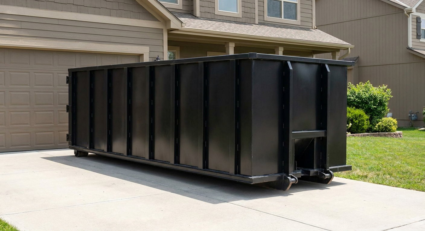Matte-black residential roll-off dumpster sitting directly on a suburban Boston concrete driveway, garage door closed, single-family home in background, bright morning daylight.