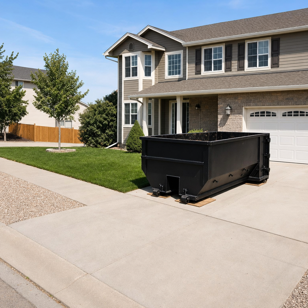 10-yard matte-black residential dumpster placed directly on a narrow Boston concrete driveway, room remains for a parked sedan beside it, mid-morning natural light