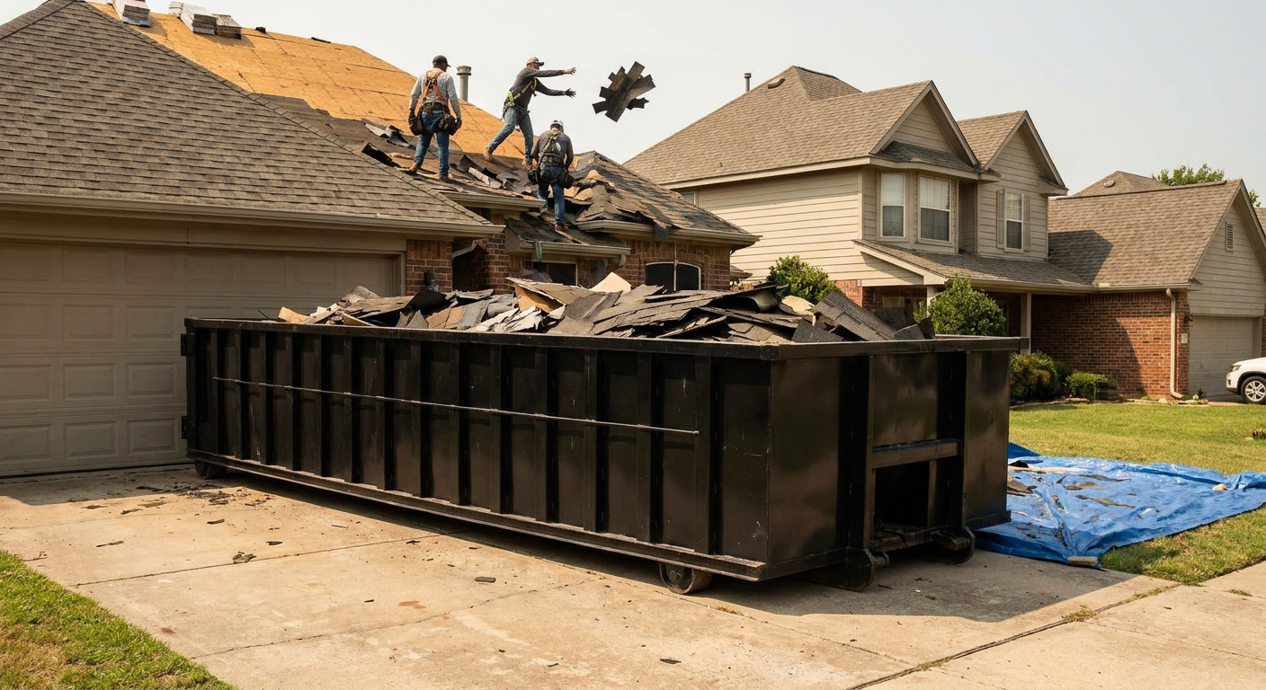 Matte-black roofing roll-off dumpster placed directly on a Boston residential concrete driveway, a tear-off crew on a two-story asphalt-shingle roof tossing shingle bundles into the low-walled container, bright daylight, documentary 35mm perspective.
