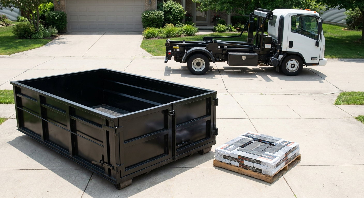 Matte-black 15-yard roofing roll-off dumpster with reinforced low side walls sitting directly on a Boston residential concrete driveway, three-tab asphalt shingle bundles stacked nearby, an unmarked white hauler truck partially visible at the edge of the frame.