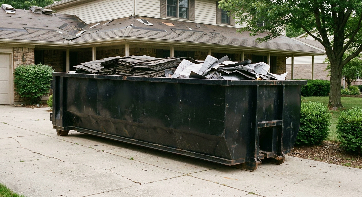 Matte-black 30-yard roofing roll-off dumpster sitting directly on a Boston concrete driveway, taller ribbed steel side panels, mixed tear-off debris of asphalt shingles and underlayment inside, professional documentary daylight.
