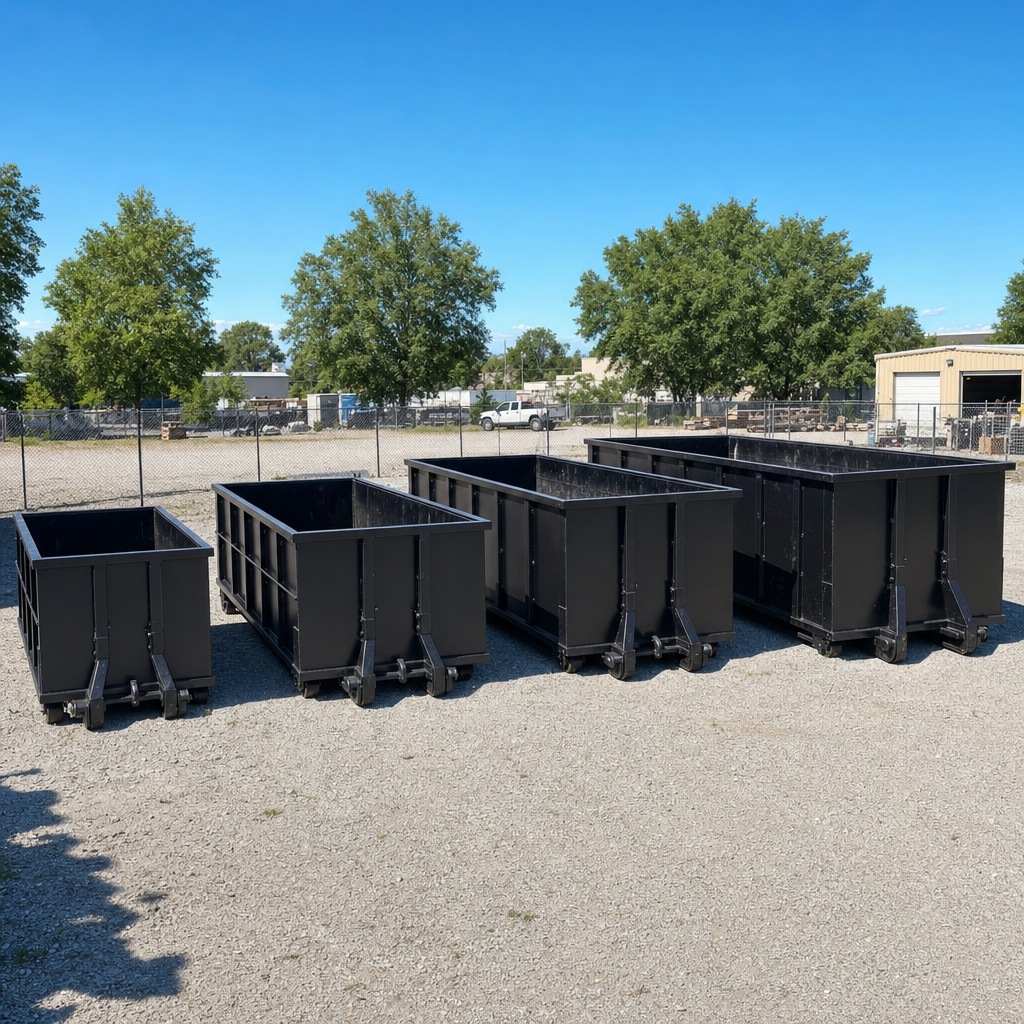 A clean lineup of matte-black roll-off dumpsters in 10, 20, 30, and 40-yard sizes staged on a sunlit gravel yard in Boston, showing the size progression from compact to commercial-scale containers.