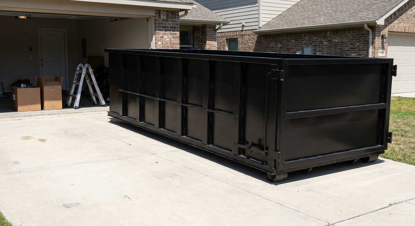A matte-black 10-yard roll-off dumpster sitting directly on a residential Boston concrete driveway, mid-day sunlight, clean and ready for a garage cleanout.