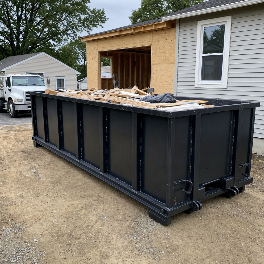 A matte-black 30-yard roll-off dumpster positioned at a Boston residential addition jobsite, with framing lumber and drywall scraps loaded through the open swinging rear doors.